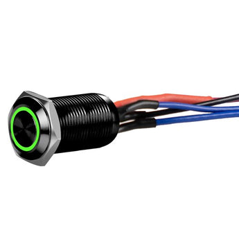Close-up of Install Bay LB12G-2 black 12MM round illuminated latching switch with green light and colored wires.