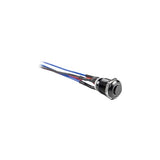 Close-up of Install Bay LB12G-2 black 12MM round illuminated latching switch with green light and colored wires.