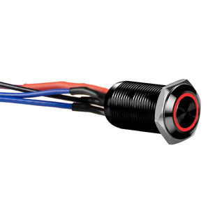Install Bay LB12R-2 black 12MM round illuminated latching switch with wires connected, featuring red ring.