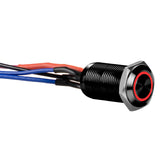 Install Bay LB12R-2 black 12MM round illuminated latching switch with wires connected, featuring red ring.