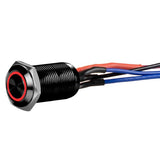 Install Bay LB12R-2 black 12MM round illuminated latching switch with wires connected, featuring red ring.