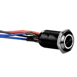 Close-up of Install Bay LB12W-2 black 12MM round illuminated latching switch with wires, featuring illuminated latching switch design.