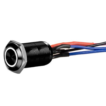 Close-up of Install Bay LB12W-2 black 12MM round illuminated latching switch with wires, featuring illuminated latching switch design.