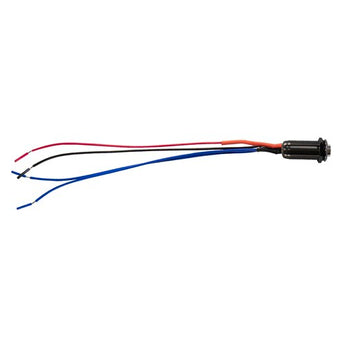 Close-up of Install Bay LB12W-2 black 12MM round illuminated latching switch with wires, featuring illuminated latching switch design.