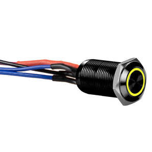 Install Bay LB12Y-2 illuminated latching switch with black casing and yellow light, featuring wiring connections.