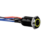 Install Bay LB12Y-2 illuminated latching switch with black casing and yellow light, featuring wiring connections.