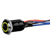 Install Bay LB12Y-2 illuminated latching switch with black casing and yellow light, featuring wiring connections.