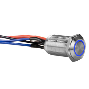 Close-up of Install Bay LS12B-2 silver 12MM round illuminated latching switch with blue light and wiring.
