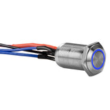 Close-up of Install Bay LS12B-2 silver 12MM round illuminated latching switch with blue light and wiring.