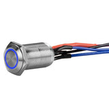 Close-up of Install Bay LS12B-2 silver 12MM round illuminated latching switch with blue light and wiring.