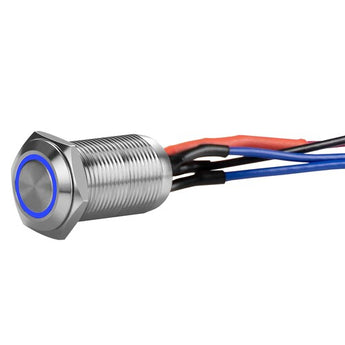 Close-up of Install Bay LS12B-2 silver 12MM round illuminated latching switch with blue light and wiring.