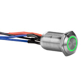 Install Bay LS12G-2 silver 12MM round illuminated latching switch with green light and wires connected.