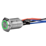 Install Bay LS12G-2 silver 12MM round illuminated latching switch with green light and wires connected.