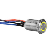 Illuminated latching switch with a silver finish and yellow light ring, featuring multiple colored wires.