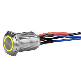 Illuminated latching switch with a silver finish and yellow light ring, featuring multiple colored wires.