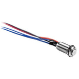 Illuminated latching switch with a silver finish and yellow light ring, featuring multiple colored wires.