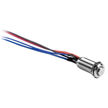 Illuminated latching switch with a silver finish and yellow light ring, featuring multiple colored wires.