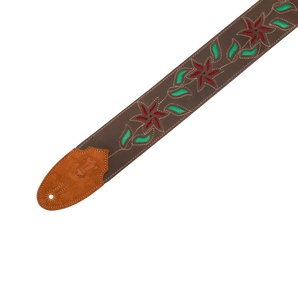 Levy's Leathers M4FV-DBR_RED Brown Leather Red Flowers and Green Leaves Guitar Strap