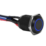 Black 12MM round illuminated momentary switches with blue light wires.