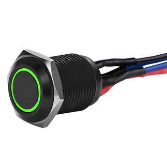 Black illuminated momentary switches featuring a green ring, part of the Install Bay MB12G-2 set.