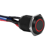 Close-up of Install Bay illuminated momentary switches with red accent, featuring rugged design and dual wires for easy installation.