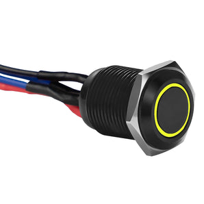 Close-up of Install Bay MB12Y-2 black 12MM round illuminated momentary switches with yellow ring and wires.