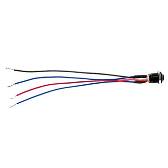  Close-up of Install Bay MB12Y-2 black 12MM round illuminated momentary switches with yellow ring and wires.