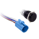 Install Bay MIBRBSB16 momentary switch with blue harness, 16 mm diameter, IP67 rated, black push button switch.