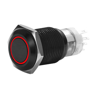 Install Bay MIBRBSR16 momentary switch with black body and red ring for automotive use.