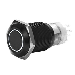 Install Bay black momentary switch with black finish and metal bezel, ideal for automotive applications.