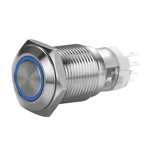 Stainless momentary switch with harness, 19 mm blue LED button, IP67 rated for durability.