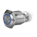 Stainless momentary switch with harness, 19 mm blue LED button, IP67 rated for durability.