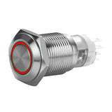 Install Bay stainless momentary switch with harness, 16mm size, chrome finish and red ring, designed for IP67 applications.