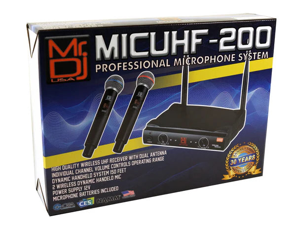 MR DJ MICUHF200 Dual UHF Wireless Microphone System Kit with 2 Handheld