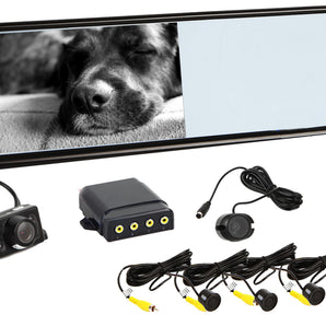 7-inch rear view mirror monitor with camera, parking sensor and installation cables in an arrangement.