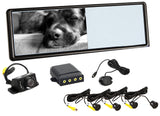 7-inch rear view mirror monitor with camera, parking sensor and installation cables in an arrangement.