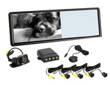 7-inch rear view mirror monitor with camera, parking sensor and installation cables in an arrangement.