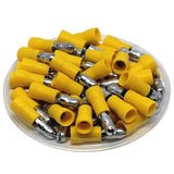 solderless crimp bullet plug connector in yellow nylon for 10/12 gauge wiring.