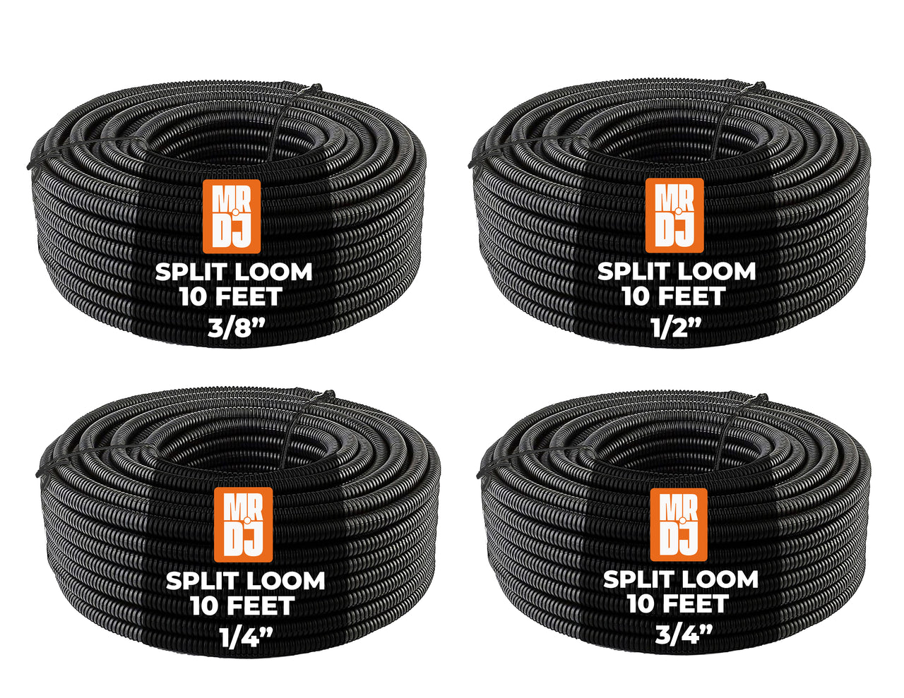 MR DJ 4-Pack 1/4", 3/8", 1/2", 3/4" x 10 Feet Each Split Wire Loom Convoluted Tubing