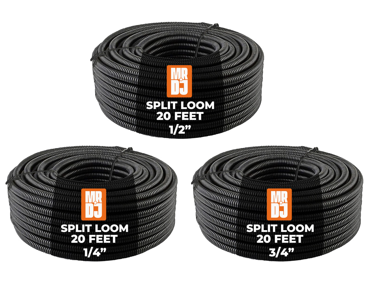 MR DJ 3-Pack 1/4", 1/2", 3/4" x 20 Feet Each Split Wire Loom Convoluted Tubing