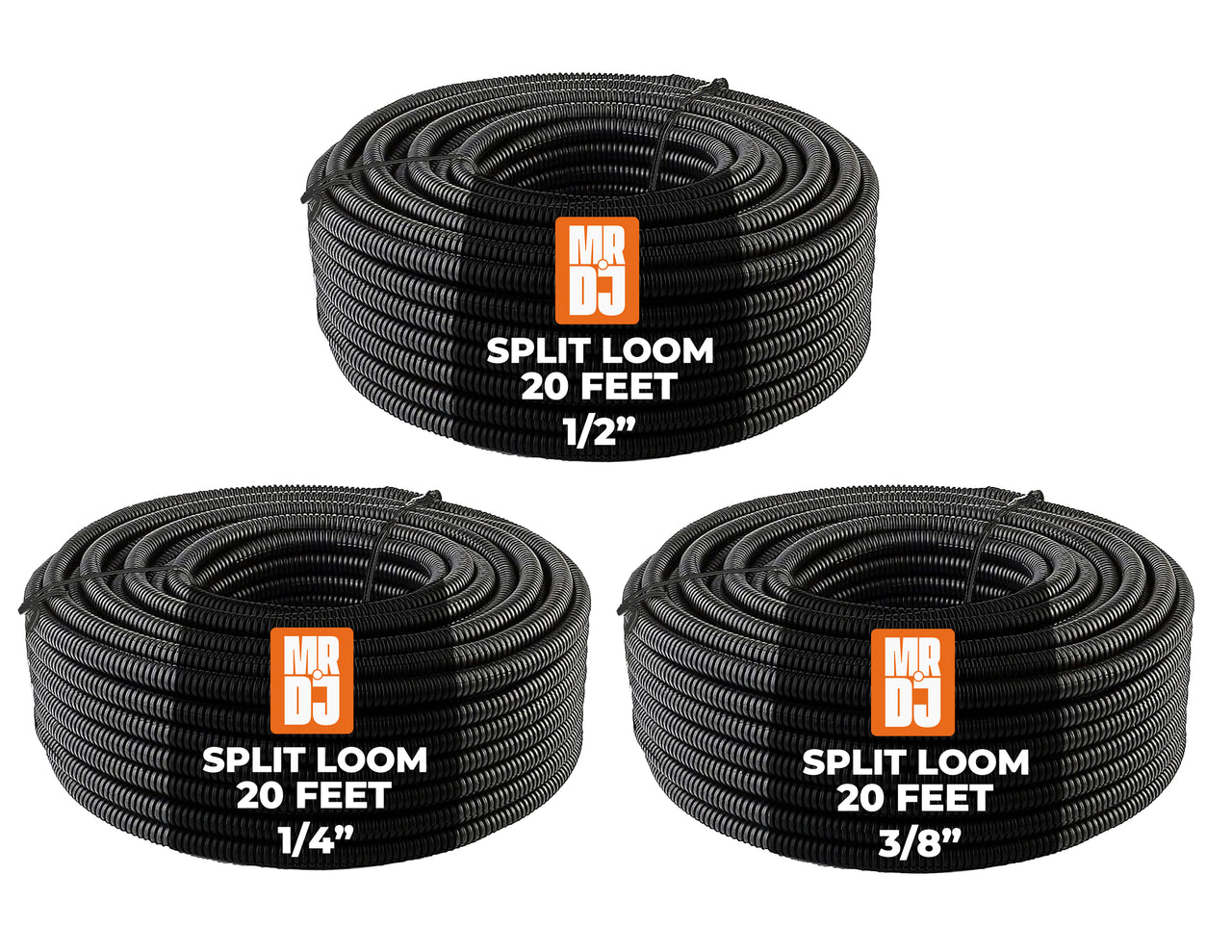MR DJ 3-Pack 1/4", 3/8", 1/2" x 20 Feet Each Split Wire Loom Convoluted Tubing