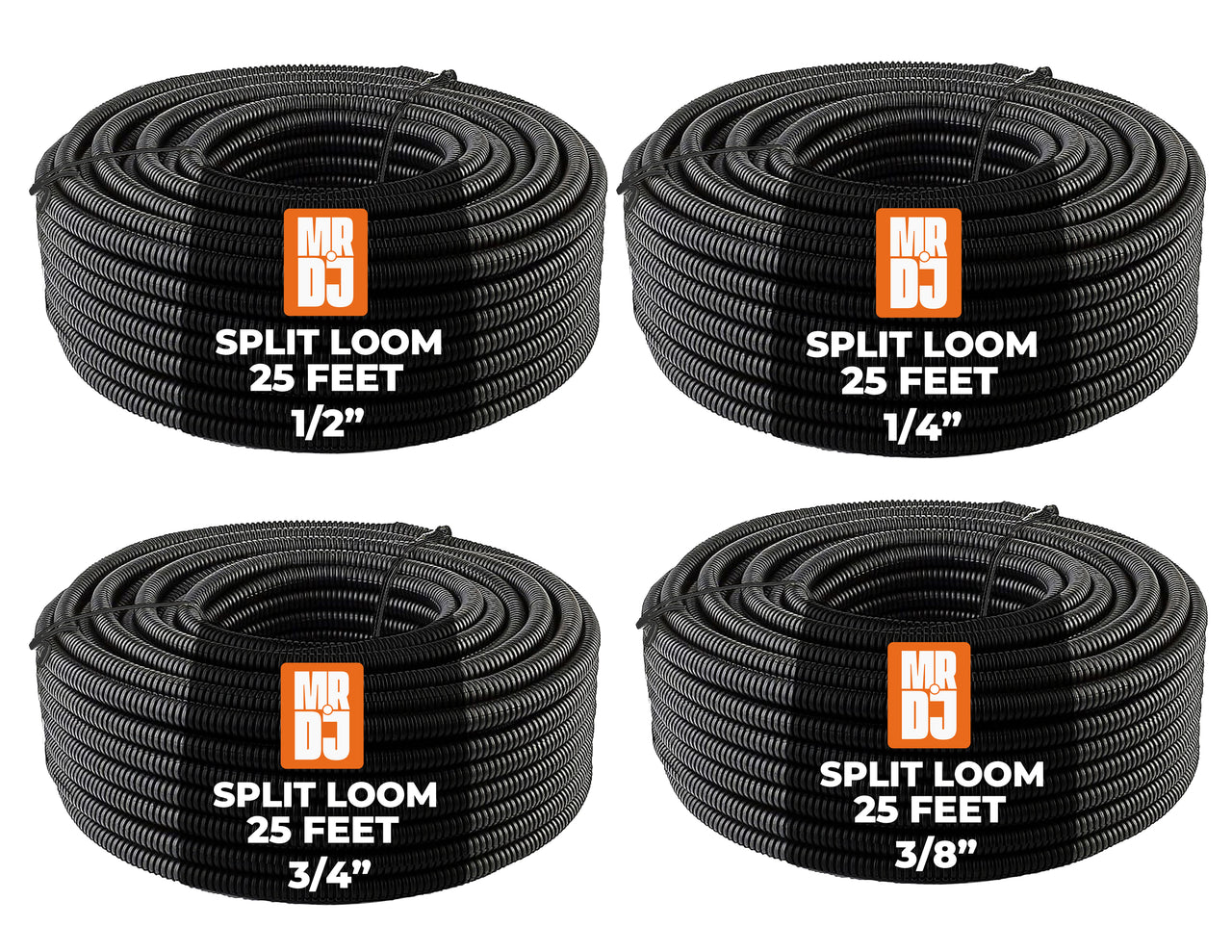 MR DJ 4-Pack 1/4", 3/8", 1/2", 3/4" x 25 Feet Each Split Wire Loom Convoluted Tubing