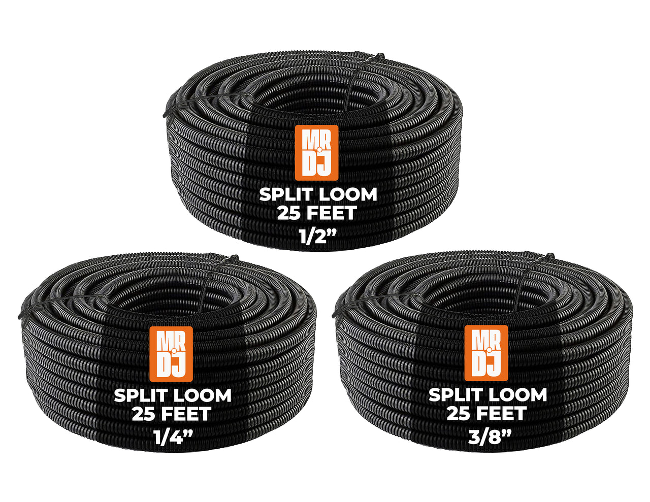 MR DJ 3-Pack 1/4", 3/8", 1/2" x 25 Feet Each Split Wire Loom Convoluted Tubing