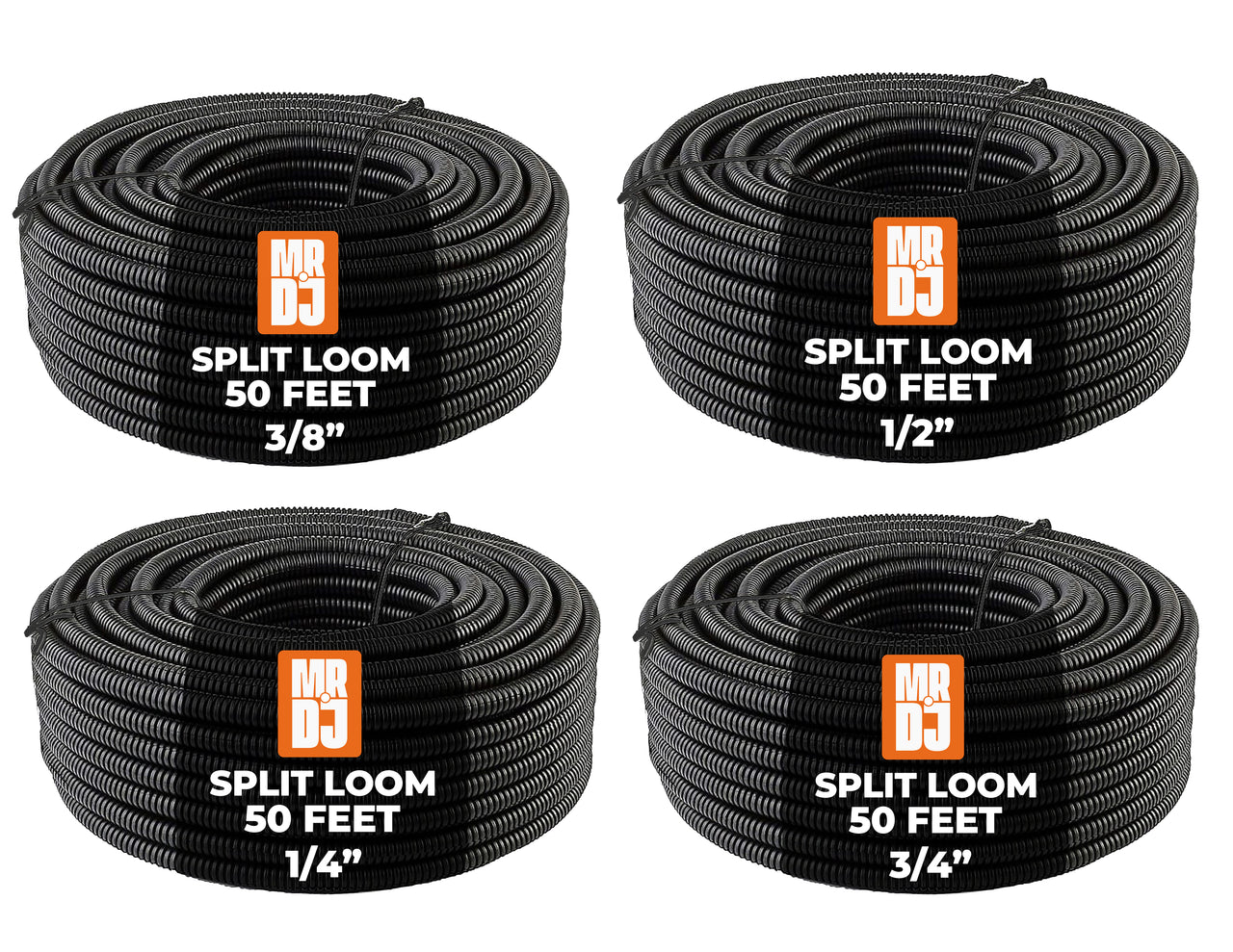 MR DJ 4-Pack 1/4", 3/8", 1/2", 3/4" x 50 Feet Each Split Wire Loom Convoluted Tubing