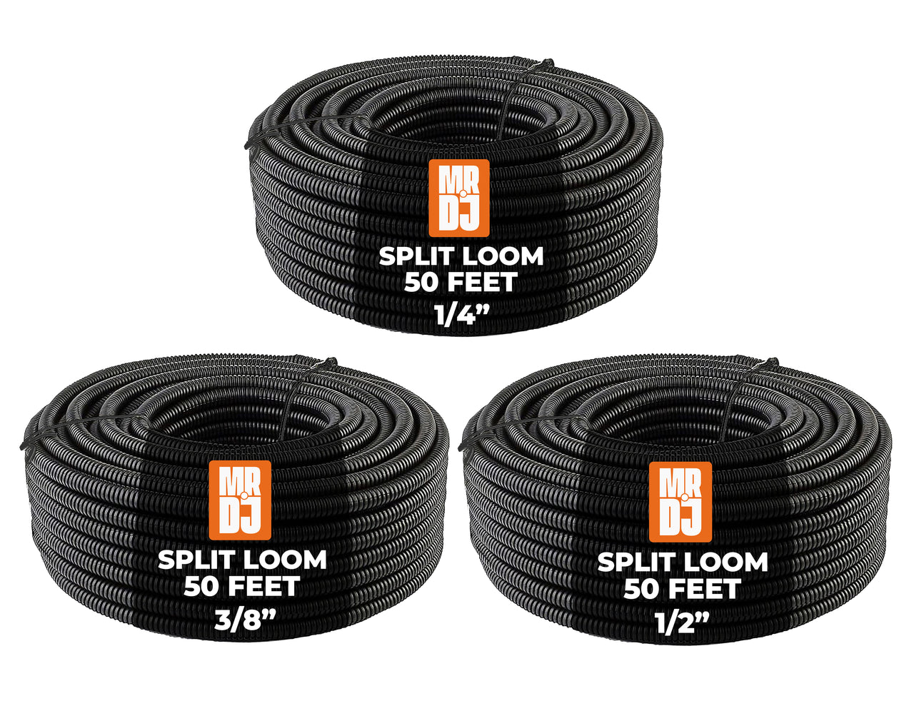 MR DJ 3-Pack 1/4", 3/8", 1/2" x 50 Feet Each Split Wire Loom Convoluted Tubing