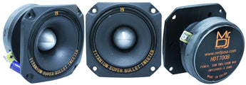 MR DJ HDT700B Super Tweeter showcasing three angles of the high compression titanium bullet horn speaker.