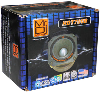 MR DJ HDT700B 3.5" Titanium Bullet Super Tweeter packaging box for car audio and pro audio applications.