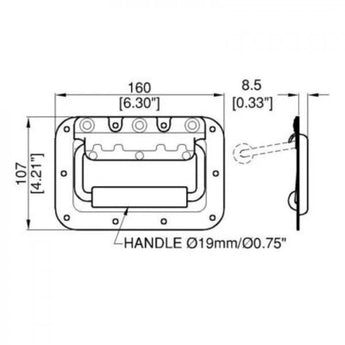 Road Case Handle recessed steel handle diagram showing 160mm width, 107mm height, and 19mm grip diameter.