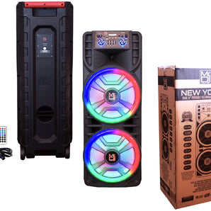 MR DJ NEWYORK+ 12" X 2 Rechargeable Portable Bluetooth Karaoke Speaker with Party Flame Lights Microphone TWS USB FM Radio