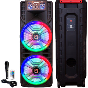 MR DJ NEWYORK+ 12" X 2 Rechargeable Portable Bluetooth Karaoke Speaker with Party Flame Lights Microphone TWS USB FM Radio + 18-LED Moving Head DJ Light